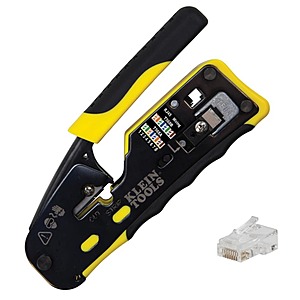 $49.97: Klein Tools Ratcheting Data Cable Crimper / Cutter + 50-Pk CAT6 RJ45 Data Plugs at Amazon