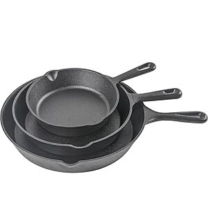 3-Piece Commercial CHEF Pre-seasoned Cast Iron Cookware Skillet Set (8",10",12") $26.99 + Free Shipping w/ Prime @Woot!
