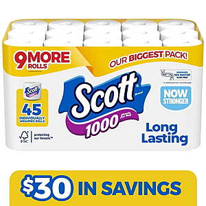 Sam's Club (ends 7/5): Scott 1-Ply Toilet Paper 45 rolls (1000 sheets each) for $25.48 (57&cent; per roll)