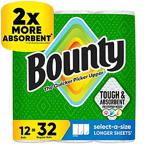 $20.68 Sams Club Pick Up Bounty Select-A-Size 2-Ply Paper Towels, 12 = 32 Reg Rolls, 110 sheets/roll