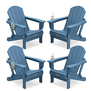 SERWALL Folding Adirondack Chair Set of 4 Resin Patio Chair with Cup Holder-Blue $324