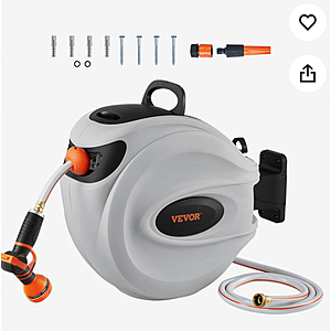 VEVOR Retractable Hose Reel, 65 ft x 5/8 inch, 180&deg; Swivel Wall-Mounted, Garden Water Hose Reel with 9-Pattern Nozzle, Automatic Rewind, Lock at Any Length, and Slow Retur $55