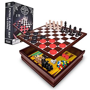 Elbow Room Games Family Game Set, 10 Classic Games with Wooden Storage Box and Built-in Game Boards, Endless Fun for Game Nights, Gatherings &amp; Travel, 2+ Players
