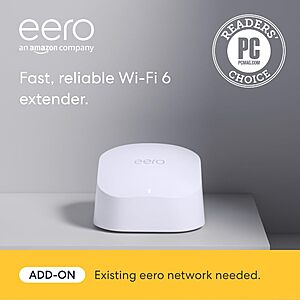Amazon eero 6 mesh wifi add-on extender - Add up to 1,500 sq. ft. of Wi-Fi 6 coverage. Required eero mesh wifi system not included