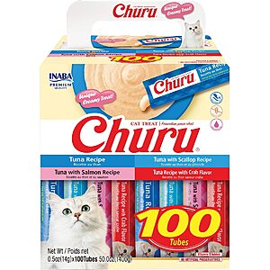 $37.12 S&S Chewy Inaba Churu Grain-Free Tuna Variety Lickable Cat Treat, 0.5-oz tube, 100 count FS at $49