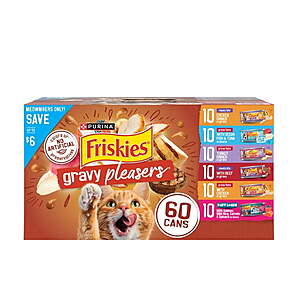 $34.98 Sams Club Purina Friskies Wet Cat Food Gravy Pleasers Variety Pack with Fully Load'd, Meaty Bits, and Prime Filets, 60 ct., 5.5 oz. Cans