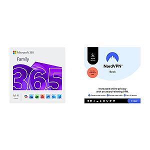 Microsoft 365 Family | 12-Month Subscription + 1-Year NordVPN Basic, Premium VPN Service $89.99