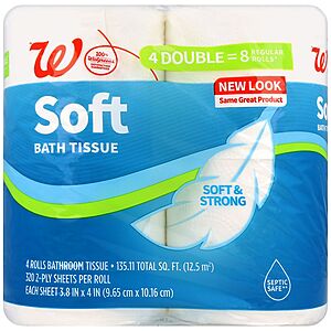 WALGREENS $1.79 ac Walgreens Soft Bath Tissue, 320.0 ea, 4 Double Rolls = 8 reg. FPU at $10