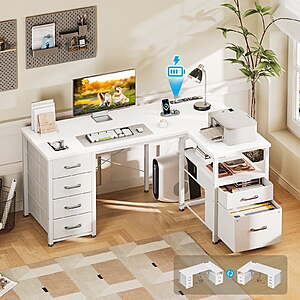 Casacomoda 55 inch Computer Desk with 5 Drawers and File Cabinet for Storage, Office Desk with Storage Shelf & Power Outlets, Home Office Desks, White $59.99