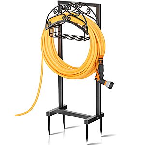 Gayuteay Garden Hose Holder – Water Hose Reel Stand with Storage Basket Holds 151ft, Heavy Duty Freestanding Garden Hanger Storage Rack for Outside Yard Lawn Farm