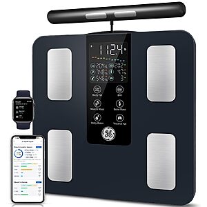 GE Smart Scale for Body Weight: 8-Electrode Digital Bathroom Scale for Weight Fat BMI Muscle Mass Full Body Composition Analyzer 50 Measurements Bluetooth Highly Accurate Weighing Machine 400lb Black