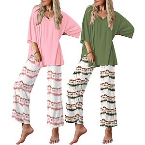 Ekouaer 2 Packs Lounge Sets for Women Short Sleeve Pajamas Set V Neck Top and Long Pants Comfy Pjs Outfits with Pockets $19.99