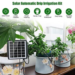 Solar Automatic Drip Irrigation Kit System, JIYANG Solar Powered Auto Easy DIY Watering Device (Supported 10 Pots, 6Timing Modes) $14