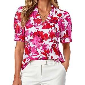 GRACE KARIN Women Boho Floral Tops, Summer Puff Short Sleeve Dressy Casual Shirts, 2026 Spring V Neck Vacation Work Blouse Rose Red S