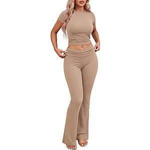 Ekouaer Women 2 Piece Pajama Set Short Sleeve Crop Top Foldover Flare Pant