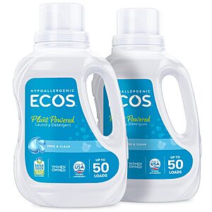 [S&S] ECOS Laundry Detergent Liquid, 100 Loads - Laundry Soap - Hypoallergenic, EPA Safer Choice Certified, Plant-Powered - Free & Clear, 50 Fl Oz (Pack of 2) $10.43