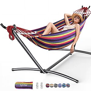 Everyfun Double Hammock with Stand, 2 Person Heavy Duty Hammock with Steel Stand, 600 lbs Capacity Cotton Hammock for Outdoor Indoor Patio Yard $49.5