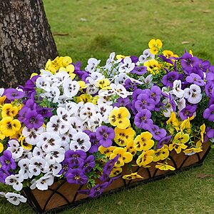 SupBri Artificial Silk Pansy Flowers with Decorative Butterflies, UV Resistant Waterproof No Fade Fake Flowers (White Purple Yellow, 12 Bundles) $8.49