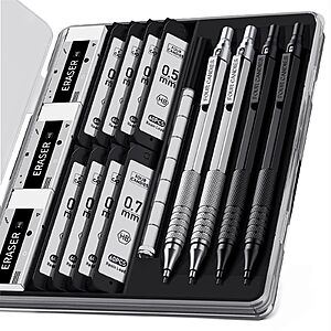 [S&S] 4PCS Metal Mechanical Pencil Set, 0.5mm+0.7mm, Storage Case, Black＆Silver $9.74