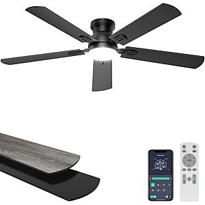 Ohniyou 52'' Low Profile Ceiling Fan with Lights, Remote/APP Control, Black $47.99