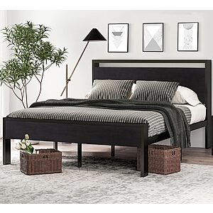 SHA CERLIN 14 Inch Queen Size Metal Platform Bed Frame with Wooden Headboard and Footboard, Mattress Foundation, No Box Spring Needed Black Oak $125.61