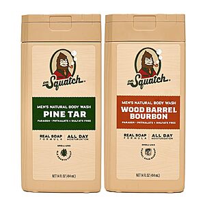 [S&S] Dr. Squatch Natural Men's Body Wash Shower Gel Pine Tar + Wood Barrel Bourbon (14 oz, 2-Pack) $19.75