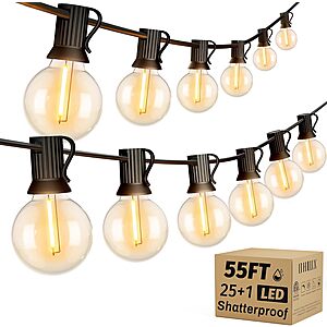 OHLUX Outdoor String Lights, 55FT Shatterproof LED Patio Lights with 26 Dimmable Plastic G40 Bulbs, 2200K Waterproof Connectable Hanging String with E12 Base $14.99