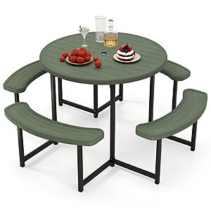 Giantex Picnic Table Bench Set for 4-8 Person, Round 37" Outdoor Dining Table w/Umbrella Hole, HDPE Tabletop, Metal Frame, Patio Furniture Set $115.59