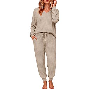 Ekouaer Womens Ribbed Knit Lounge Set Long Sleeve Pajama Sets $11.99 at Ekouaer via Amazon