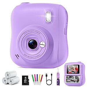 Instant Print Camera for Kids, Best 1080P HD Selfie Toy with 32GB SD Card $12.49