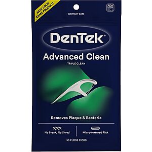 DenTek Advanced Clean Floss Picks with No Break & No Shred Dental Floss, Plaque Remover, 90 Count