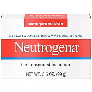 Neutrogena Facial Cleansing Bar for Acne-Prone Skin, Gentle Non-Medicated Daily Cleanser, Non-Comedogenic Transparent Soap with Glycerin, No Dyes or Detergents, 3.5 oz