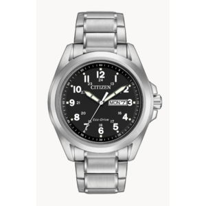 Citizen Men's Eco-Drive Weekender Garrison Field Watch in Stainless Steel, Black Dial, Arabic Markers, Luminous, 43mm (Model: AW0050-82E)
