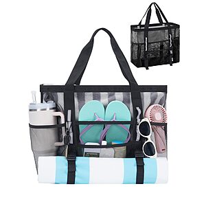 WANDF Mesh Beach Bag for Women, Family Pool Bags for Cruise (Black) $6 AC + Free Shipping