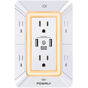 POWRUI Multi Plug 6 Outlet Surge Protector Extender with 3 USB Ports (1 USB C) and Night Light, 3-Sided Power Strip with Adapter Spaced Outlets, ETL Listed, White $9.98
