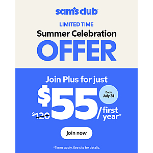 New Sam's Club Members: 1-Year Plus Membership $55, 1-Year Club Membership $25