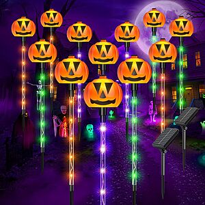 [Prime] 12-Count Ahaorigin Solar Halloween Pumpkin Pathway Stake Lights w/ 8 Modes & 84 Multicolor LEDs (2 x 6-Light Strings) $17.99 + Free Shipping w/ Prime or on $35+