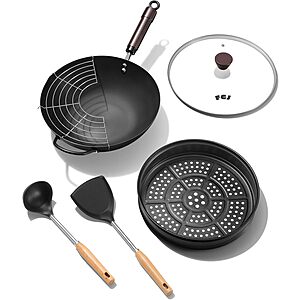 FGJ Wok, 13 Inch Carbon Steel Wok Pan Set 6PCS & Stir-fry Pans $30.07