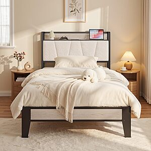 LIKIMIO Twin XL Bed Frames, Bouclé Storage Headboard with Charging Station, Solid and Stable, Noise Free, No Box Spring Needed, Easy Assembly
