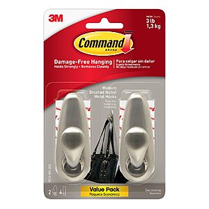 $10.99: Command Medium Brushed Nickel Hooks, 2 Wall Hook and 4 Strips (Holds up to 3 lb)