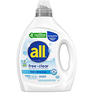 [S&S, AC] $7.45: all Free Clear Original Liquid Laundry Detergent for Sensitive Skin, Unscented, Hypoallergenic, 82.5 oz, 110 Loads