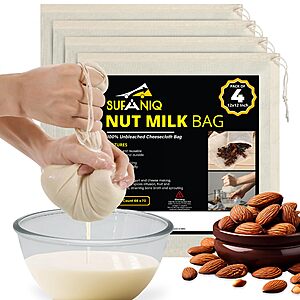 [Prime] 4-Pack 12"x12" SUFANIQ 100% Unbleached Cotton Cheese Cloth Nut Milk Bag (Beige) $3.39 + Free Shipping