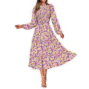 NOLLSOM Women 2025 Fall Dress Floral Casual Long Sleeve Crew Neck Ruffle A-Line Flowy Floral Boho Wedding Guest Maxi Dresses(Floral White Purple,Large)