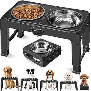 COMESOON Elevated Dog Bowls, 5 Adjustable Heights (3.9"-13.4") Raised Dogs Food Bowl Stand for Medium Large Sized Dogs, Non-Slip Foldable Travel Pet Feeder Black with Stainless Steel Bowls
