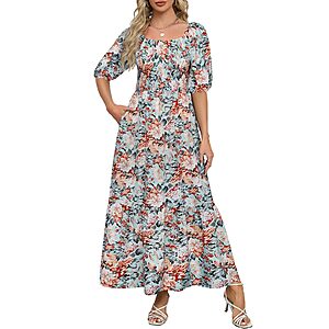 Lyrur Women's Puff Sleeve Square Neck Ruffle A Line Maxi w/ Pockets $9.99 + Free Shipping w/ Prime or on $35+