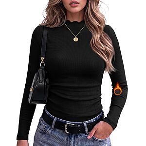 JUICICI Women's Lettuce Trim Mock Neck Top Ribbed Knit Long Sleeve Shirts (Black or White) $6.99 + Free Shipping w/ Prime or on $35+