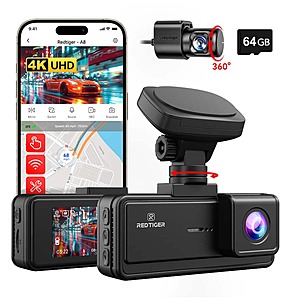 REDTIGER A8 4K+1080P Dual Front + Rear ADAS Dash Cam WiFi GPS + 64GB SD Card $36.37 + FS