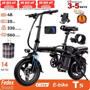 FURIDER Black T5 Foldable EBike 560W 48V 10.4Ah 20mph 14in $127 + Free Shipping