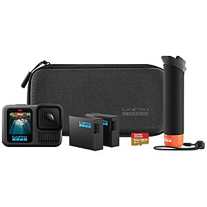 GoPro HERO13 Black Accessory Bundle - Includes The Handler, 2 Enduro Batteries, 2 Curved Adhesive Mounts, 64GB SanDisk MicroSD Card, and Carrying Case $379.99