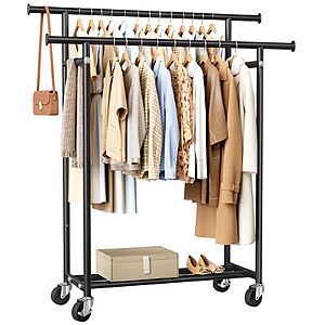 HYSEYY Double Rod Clothes Rack on Wheels $23 + Free S/H